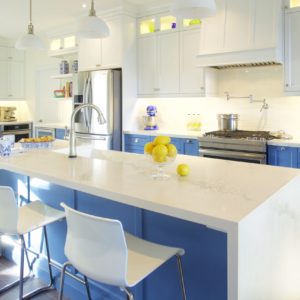 blue kitchen, waterfall island, open shelves, ensuite