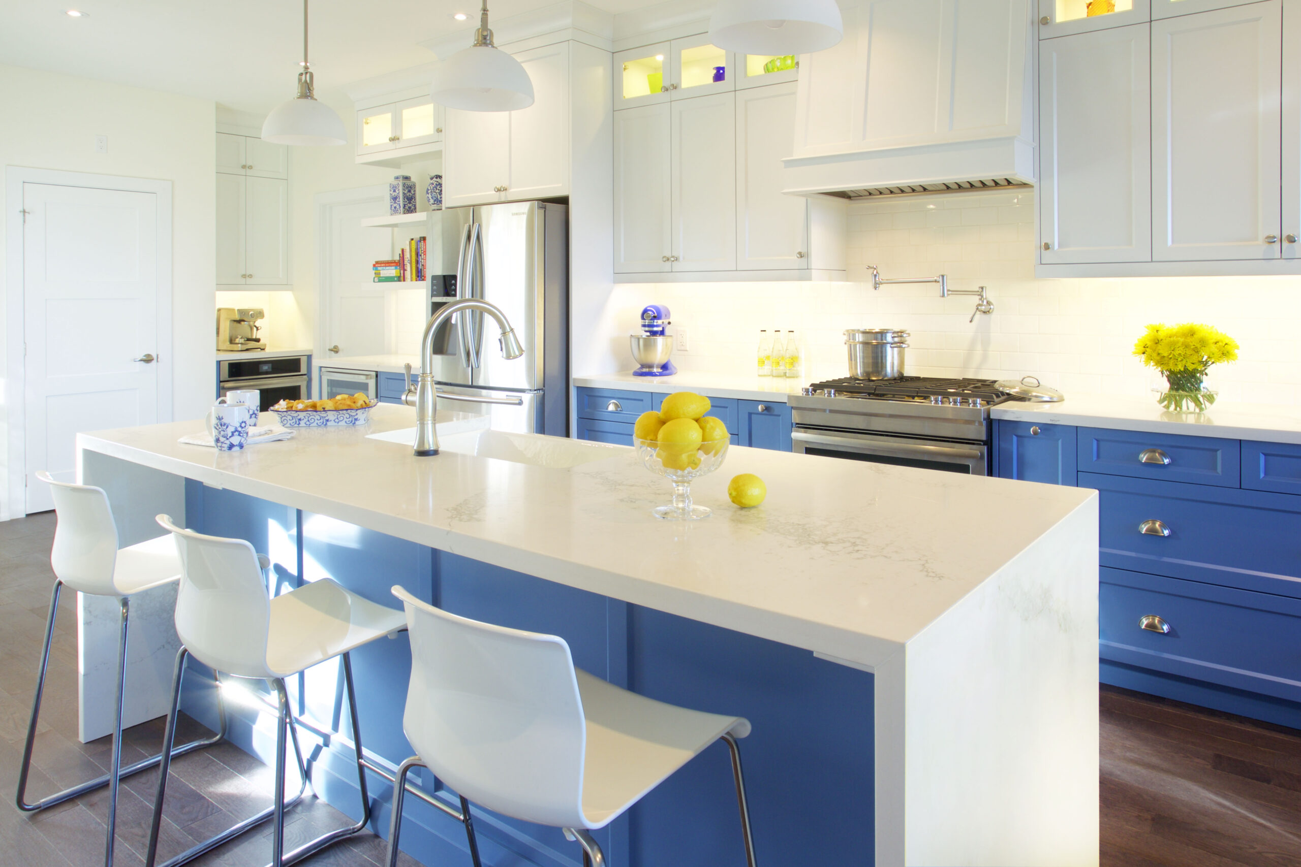 blue kitchen, waterfall island, open shelves, ensuite