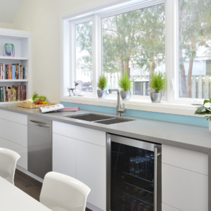 universal, modern kitchen, touch latch, roll out drawers, pantry, floating bench, glass shower enclosure, floating vanity