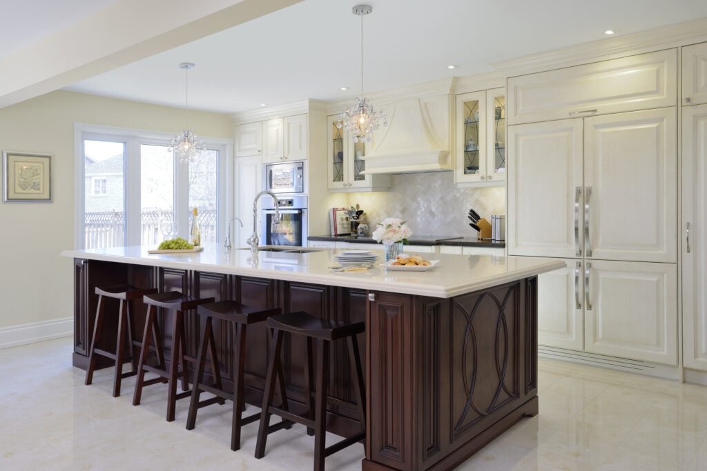 traditional kitchen, fireplace, spice rack, drawer pegs, leaded glass, fully integrated, two tone, tile floor kitchen