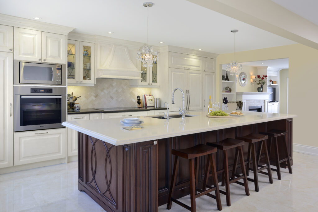 traditional kitchen, two tone, tiled kitchen floor, leaded glass, fireplace, wood island, herringbone, fully integrated, faucet