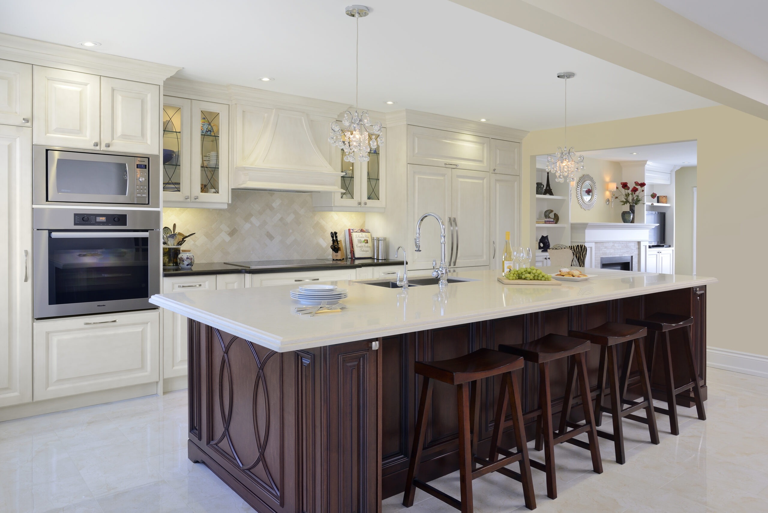 traditional kitchen, fireplace, spice rack, drawer pegs, leaded glass