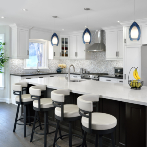 stone fireplace, black and withe kitchen, staircase
