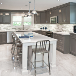 grey kitchen, laundry room, tiled kitchen floor, wine rack, kitchen desk
