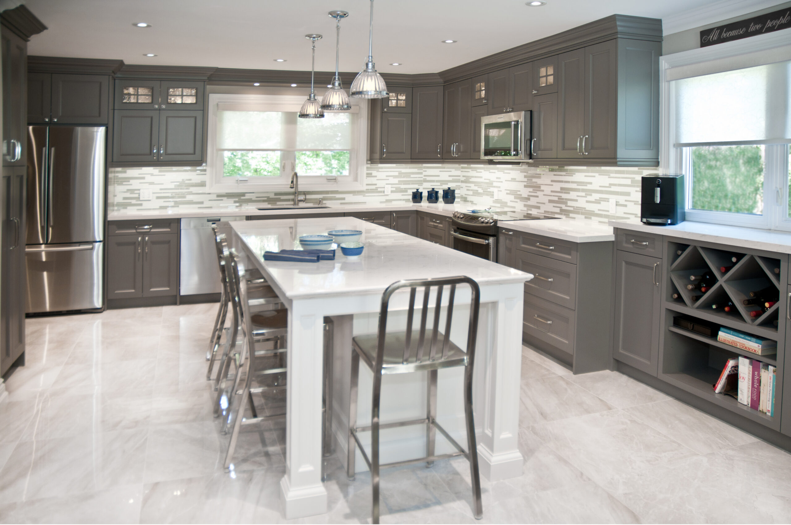 grey kitchen, laundry room, tiled kitchen floor, wine rack, kitchen desk