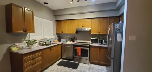 kitchen reno, bathroom reno, powder room, brizo, mitzi, waterfall, custom kitchen, ikea kitchen, two tone kitchen, kitchen pendants, brass hardware, artisan backsplash, caesarstone, kohler, tile floor, custom hood