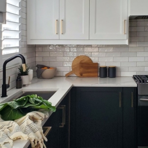 two tone, waterfall, ikea, brizo, mitzy, kitchen, powder room, caesarstone, terrazo