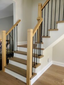 white oak stairs, white oak stair treads, squared handrail, oak handrail, oak post, modern post, 3.5&quot; post, white stair riser, square nosing, foyer, entry, front entry, tiled entry, entry stairs, modern staircase, natural light in home, kitchen, open concept renovation, BEAUTIFUL home, bright house