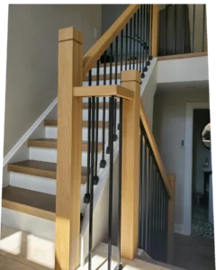 white oak stairs, white oak stair treads, squared handrail, oak handrail, oak post, modern post, 3.5&quot; post, white stair riser, square nosing, foyer, entry, front entry, tiled entry, entry stairs, modern staircase, natural light in home, kitchen, open concept renovation